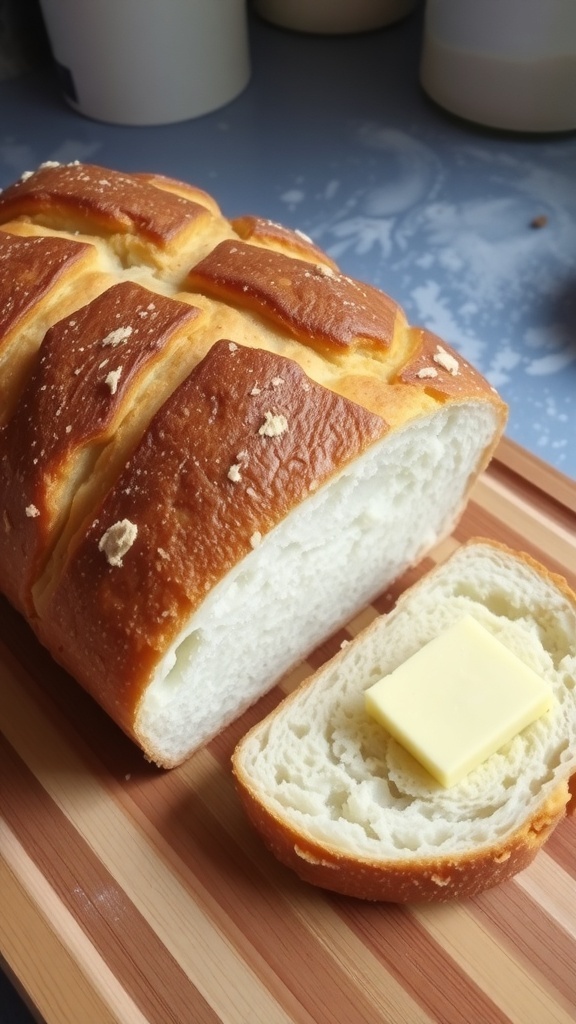 A rustic German bread loaf with a golden crust and soft interior, served with butter on a wooden board.